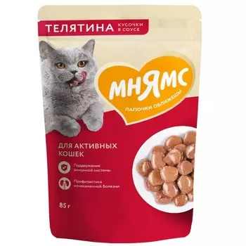 Мнямс влажный корм для активных кошек, с телятиной, кусочки в соусе, в паучах - 85 г премиум для пожилых с телятиной для всех пород паучи Российский корм 1 уп. х 24 шт. х 2.04 кг