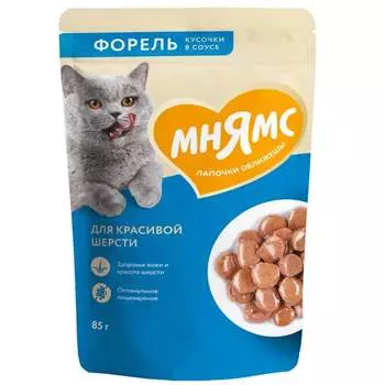 Мнямс влажный корм для кошек, для красивой шерсти, с форелью, кусочки в соусе, в паучах - 85 г премиум для пожилых с форелью для всех пород паучи Российский корм 1 уп. х 24 шт. х 2.04 кг