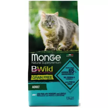 Monge Cat BWild Grain Free полнорационный сухой корм для кошек, беззерновой, с треской, картофелем и чечевицей - 1,5 кг повседневный холистик беззерновые для взрослых с треской мешок Импортный корм 1 уп. х 1 шт. х 1.5 кг