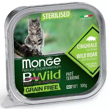 Monge Cat BWild Grain Free полнорационный влажный корм для стерилизованных кошек, беззерновой, паштет с кабаном и овощами, в ламистерах - 100 г повседневный супер премиум беззерновые для взрослых с кабаном для всех пород паштет и ламистеры Импортный корм 1 уп. х 32 шт. х 3.2 кг