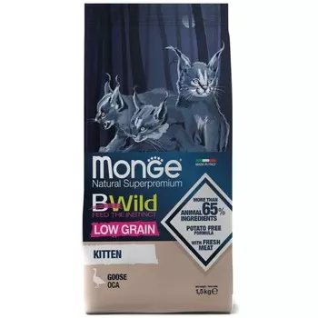 Monge Cat BWild Low Grain Kitten полнорационный сухой корм для котят и беременных кошек, низкозерновой, с мясом гуся - 1,5 кг повседневный холистик холистики для котят с гусем для всех пород мешок Импортный корм 1 уп. х 1 шт. х 1.5 кг