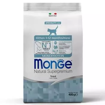 Monge Cat Speciality Line Monoprotein полнорационный сухой корм для котят, с форелью - 400 г повседневный супер премиум для котят с форелью мешок Импортный корм 1 уп. х 1 шт. х 0.4 кг