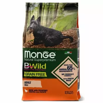 Monge Dog BWild Grain Free Mini полнорационный сухой корм для собак мелких и миниатюрных пород, беззерновой, с уткой и картофелем - 2,5 кг повседневный супер премиум без курицы для взрослых с уткой породы мелкого размера мешок Италия 1 уп. х 1 шт. х 2.5 кг