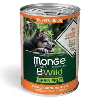 Monge Dog BWild Grain Free Puppy & Junior полнорационный влажный корм для щенков, беззерновой, с уткой, тыквой и кабачками, кусочки в соусе, в консервах - 400 г повседневный супер премиум беззерновые для щенков с кабачком для всех пород консервы (в железной банке) Импортный корм 1 уп. х 24 шт. х 9.6 кг