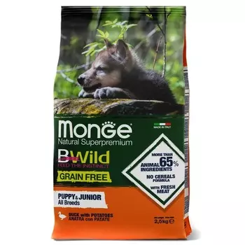 Monge Dog BWild Grain Free Puppy & Junior полнорационный сухой корм для щенков, беззерновой, с уткой и картофелем - 2,5 кг повседневный супер премиум беззерновые для щенков с уткой для всех пород мешок Импортный корм 1 уп. х 1 шт. х 2.5 кг