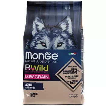 Monge Dog BWild Low Grain сухой низкозерновой корм для взрослых собак всех пород с мясом гуся 2,5 кг повседневный холистик низкозерновые для взрослых с гусем для всех пород мешок Импортный корм 1 уп. х 1 шт. х 2.5 кг
