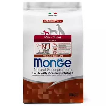 Monge Dog Speciality Line Monoprotein Mini полнорационный сухой корм для собак мелких пород, с ягненком, рисом и картофелем - 800 г повседневный супер премиум для взрослых с ягненком породы мелкого размера мешок Импортный корм 1 уп. х 1 шт. х 0.8 кг