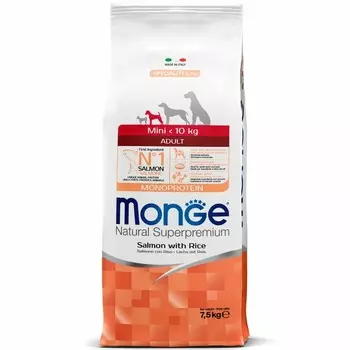 Monge Dog Speciality Line Monoprotein Mini полнорационный сухой корм для собак мелких пород, с лососем и рисом повседневный супер премиум для взрослых с лососем породы мелкого размера мешок Импортный корм 1 уп. х 1 шт. х 7.5 кг