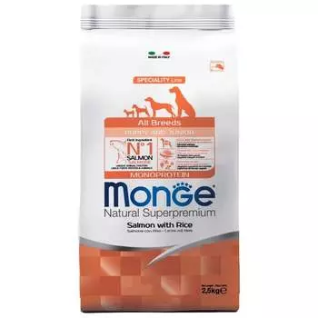 Monge Dog Speciality Line Monoprotein Puppy & Junior полнорационный сухой корм для щенков, с лососем и рисом - 2,5 кг повседневный супер премиум для щенков с лососем для всех пород мешок Импортный корм 1 уп. х 1 шт. х 2.5 кг