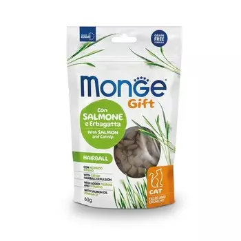 Monge Gift Hairball лакомство для кошек Хрустящие подушечки с лососем и кошачьей мятой, для вывода шерсти - 60 г выведение комочков шерсти супер премиум для взрослых с лососем Австрия 1 уп. х 1 шт. х 0.06 кг