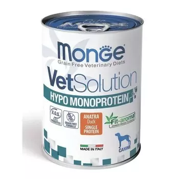 Monge Vetsolution Dog Hypo Monoprotein Duck влажный корм для собак, для снижения пищевой непереносимости, с уткой, в консервах - 400 г ветеринарный супер премиум с гусем консервы (в железной банке) Импортный корм 1 уп. х 1 шт. х 0.4 кг