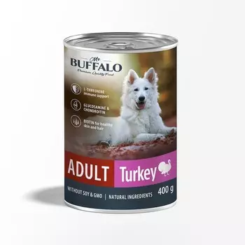 Mr.Buffalo Adult влажный корм для взрослых собак с индейкой, в консервах - 400 г х 9 шт повседневный премиум для взрослых с индейкой для всех пород консервы (в железной банке) Российский корм 1 уп. х 9 шт. х 3.6 кг