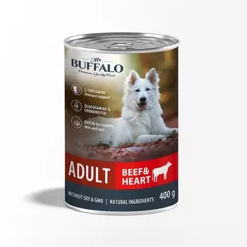 Mr.Buffalo Adult влажный корм для взрослых собак с говядиной и сердцем, в консервах - 400 г х 9 шт повседневный премиум для взрослых с говядиной для всех пород консервы (в железной банке) Российский корм 1 уп. х 9 шт. х 3.6 кг