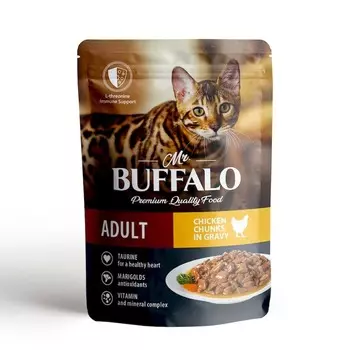 Mr.Buffalo Adult влажный корм для взрослых кошек с цыпленком в соусе, в паучах - 85 г х 28 шт повседневный премиум для взрослых с цыпленком для всех пород паучи Российский корм 1 уп. х 28 шт. х 2.38 кг