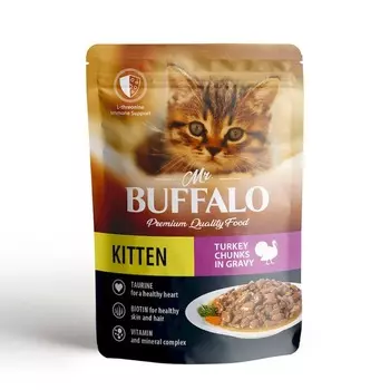 Mr. Buffalo Kitten влажный корм для котят, с индейкой на пару, кусочки в соусе, в паучах - 85 г повседневный премиум для котят с индейкой для всех пород паучи Российский корм 1 уп. х 28 шт. х 2.38 кг