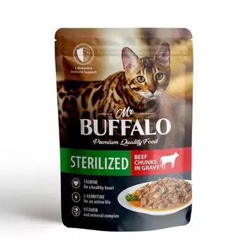 Mr. Buffalo Sterilized влажный корм для стерилизованных котов и кошек, с говядиной, кусочки в соусе, в паучах - 85 г повседневный премиум для взрослых с говядиной для всех пород паучи Российский корм 1 уп. х 28 шт. х 2.38 кг