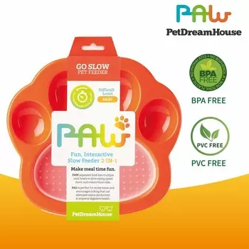 PetDreamHouse PAW 2-IN-1 Mini Slow Feeder & Lick Pad Orange Easy миска "Лапа" для медленного кормления 2в1 мини, оранжевая - 200 г для всех возрастов Великобритания 1 уп. х 1 шт. х 0.2 кг