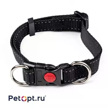 PetOpt Ошейник светоотражающий, нейлон регулируемый, с фиксатором, Черный S-20ммХ30-40см Конструкция "два кольца", фастекс s Китай 1 уп. х 1 шт. х 0.037 кг