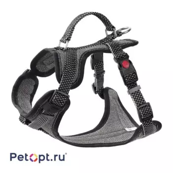 PetOpt Шлейка с ручкой для собак светоотражающая, черно-серая, нейлоновая L-25ммХ70-80см Регулировки на груди и спине лямок l Китай 1 уп. х 1 шт. х 0.306 кг