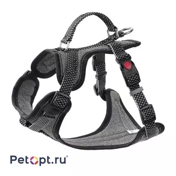 PetOpt Шлейка с ручкой для собак светоотражающая , черно-серая, нейлоновая ХS-20ммХ42-50см Регулировки на груди и спине лямок xs Китай 1 уп. х 1 шт. х 0.192 кг