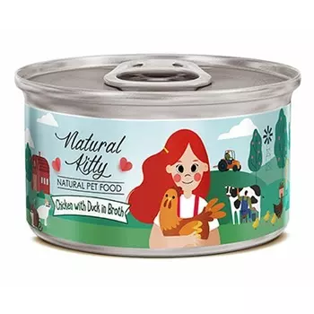 Pettric Natural Kitty влажный корм для кошек, с курицей и уткой, волокна в бульоне, в консервах - 80 г повседневный супер премиум беззерновые для взрослых с курицей для всех пород консервы (в железной банке) Таиланд 1 уп. х 24 шт. х 1.92 кг