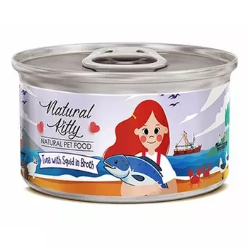 Pettric Natural Kitty влажный корм для взрослых кошек тунец с кальмаром в бульоне в консервах - 80 г х 24 шт повседневный супер премиум беззерновые для взрослых с кальмаром для всех пород консервы (в железной банке) Импортный корм 1 уп. х 24 шт. х 1.92 кг