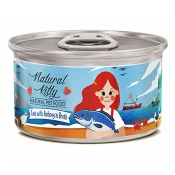 Pettric Natural Kitty влажный корм для кошек, с тунцом и анчоусами, кусочки в бульоне, в консервах - 80 г повседневный супер премиум беззерновые для взрослых с анчоусами для всех пород консервы (в железной банке) Таиланд 1 уп. х 24 шт. х 1.92 кг