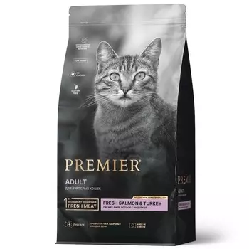 Premier Cat Salmon & Turkey Adult сухой корм для взрослых кошек, свежее филе лосося с индейкой - 2 кг повседневный супер премиум низкозерновые для взрослых с индейкой мешок Импортный корм 1 уп. х 1 шт. х 2 кг