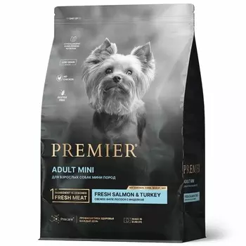 Premier Dog Salmon & Turkey Adult Mini сухой корм для собак мелких пород, свежее филе лосося с индейкой - 3 кг повседневный супер премиум низкозерновые для взрослых с индейкой породы мелкого размера мешок Импортный корм 1 уп. х 1 шт. х 3 кг