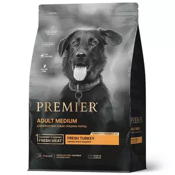 Premier Dog Turkey Adult Medium сухой корм для собак средний пород, свежее мясо индейки - 1 кг повседневный супер премиум низкозерновые для взрослых с индейкой породы среднего размера мешок Импортный корм 1 уп. х 1 шт. х 1 кг