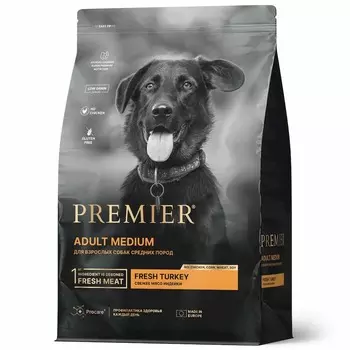 Premier Dog Turkey Adult Medium сухой корм для собак средний пород, свежее мясо индейки - 3 кг повседневный супер премиум низкозерновые для взрослых с индейкой породы среднего размера мешок Импортный корм 1 уп. х 1 шт. х 3 кг