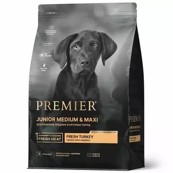 Premier Dog Turkey Junior Medium & Maxi сухой корм для юниоров средних и крупных пород, свежее мясо индейки - 3 кг повседневный супер премиум низкозерновые для щенков с индейкой породы крупного размера мешок Импортный корм 1 уп. х 1 шт. х 3 кг