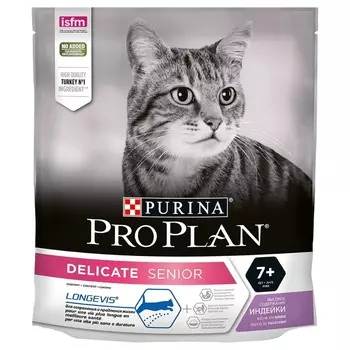 Pro Plan Cat Senior Delicate полнорационный сухой корм для пожилых кошек старше 7 лет, с чувствительным пищеварением или особыми предпочтениями в еде, с индейкой - 400 г повседневный супер премиум для взрослых с индейкой мешок Франция 1 уп. х 1 шт. х 0.4 кг
