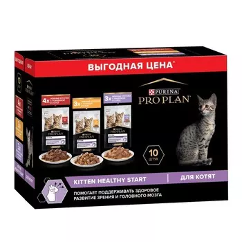 Pro Plan Kitten влажный корм для котят, 4 с говядиной в соусе, 3 с индейкой в соусе и 3 курицей в желе, в паучах - 85 г, 10 шт повседневный супер премиум для котят с говядиной для всех пород паучи Российский корм 1 уп. х 1 шт. х 0.85 кг