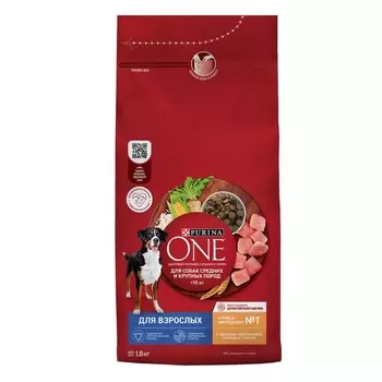 Purina ONE Adult сухой корм для собак средних и крупных пород, с курицей и рисом - 1,8 кг повседневный супер премиум для взрослых с курицей породы крупного размера мешок Российский корм 1 уп. х 1 шт. х 1.8 кг