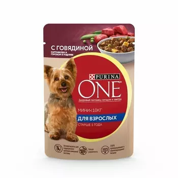 Purina ONE Adult влажный корм для взрослых собак мелких пород старше 1 года, с говядиной, картофелем и горохом, в подливке, в паучах - 85 г повседневный супер премиум для взрослых с говядиной породы мелкого размера паучи Российский корм 1 уп. х 26 шт. х 2.21 кг