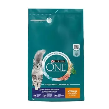 Purina ONE для стерилизованных домашних кошек, с высоким содержанием курицы - 3 кг супер премиум для взрослых с курицей для всех пород мешок Российский корм 1 уп. х 1 шт. х 3 кг