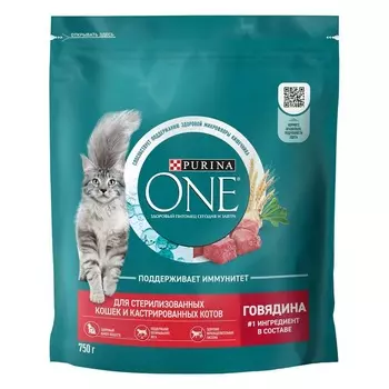 Purina One для стерилизованных кошек и кастрированных котов, с говядиной - 750 г супер премиум для взрослых с говядиной мешок Российский корм 1 уп. х 1 шт. х 0.75 кг