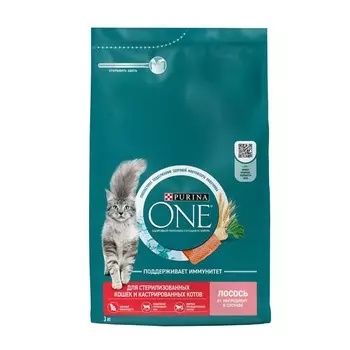 Purina ONE для стерилизованных кошек и кастрированных котов, с высоким содержанием лосося - 3 кг супер премиум для взрослых с лососем для всех пород мешок Российский корм 1 уп. х 1 шт. х 3 кг