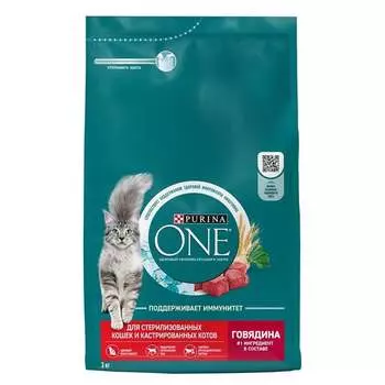 Purina One для стерилизованных кошек и кастрированных котов, с говядиной - 3 кг супер премиум для взрослых с говядиной мешок Российский корм 1 уп. х 1 шт. х 3 кг