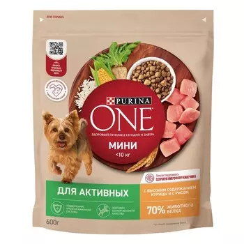 Purina ONE Мини Активная сухой корм для собак мелких и миниатюрных пород, с высоким содержанием курицы и рисом - 600 г повседневный супер премиум для взрослых с курицей породы мелкого размера мешок Российский корм 1 уп. х 1 шт. х 0.6 кг