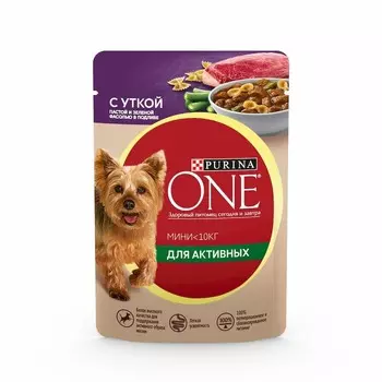 Purina ONE Мини для активных влажный корм для собак мелких и миниатюрных пород, с уткой, пастой и зеленой фасолью, кусочки в подливе, в паучах - 85 г повседневный супер премиум для взрослых с рисом породы мелкого размера паучи Российский корм 1 уп. х 26 шт. х 2.21 кг