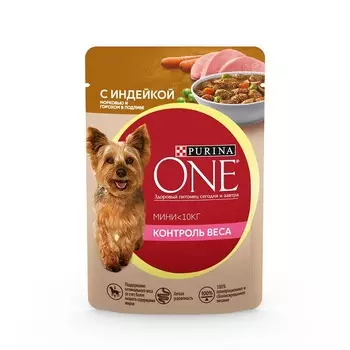 Purina One Mini Контроль веса для собак мелких пород, склонных к набору веса, с индейкой, морковью и горохом в подливе, в паучах - 85 г для взрослых с индейкой породы мелкого размера паучи Российский корм 1 уп. х 26 шт. х 2.21 кг