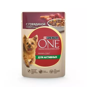 Purina ONE Мини влажный корм для собак мелких и карликовых пород, при активном образе жизни, с говядиной, картофелем и морковью, в подливе, в паучах - 85 г повседневный супер премиум для взрослых с говядиной породы мелкого размера паучи Российский корм 1 уп. х 26 шт. х 2.21 кг