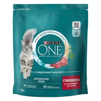 Purina One полнорационный для кошек, с говядиной - 750 г повседневный супер премиум для взрослых с говядиной мешок Российский корм 1 уп. х 1 шт. х 0.75 кг