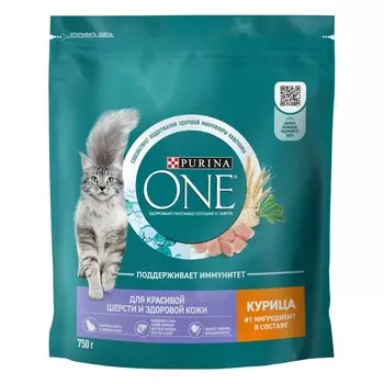 Purina One сухой корм для кошек для красивой шерсти и здоровой кожи с курицей - 750 г супер премиум для взрослых с курицей для всех пород мешок Российский корм 1 уп. х 1 шт. х 0.75 кг