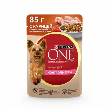 Purina ONE влажный корм для собак мелких пород, при склоннности к набору веса, с курицей, коричневым рисом и томатами, в подливе, в паучах - 85 г повседневный супер премиум для взрослых с курицей породы мелкого размера паучи Российский корм 1 уп. х 26 шт. х 2.21 кг