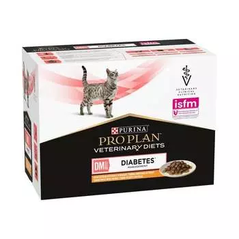 Purina Pro Plan Veterinary Diets DM ST/OX Diabetes Management диетический влажный корм для кошек при сахарном диабете, с курицей в соусе, в паучах - 85 г х 10 шт повседневный супер премиум для взрослых с курицей для всех пород паучи Импортный корм 1 уп. х 10 шт. х 8.5 кг