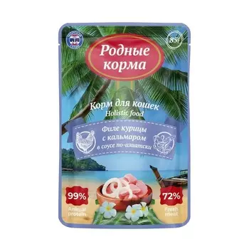 Родные корма влажный корм для кошек, филе курицы с кальмаром в соусе по-азиатски, в паучах - 85 г премиум для взрослых с курицей паучи Россия 1 уп. х 12 шт. х 1.02 кг