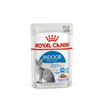 Royal Canin Indoor Sterilised влажный корм, полнорационный, для кастрированных и стерилизованных кошек, живущих в помещении, кусочки в желе, в паучах - 85 г повседневный супер премиум для взрослых для всех пород паучи Российский корм 1 уп. х 28 шт. х 2.38 кг